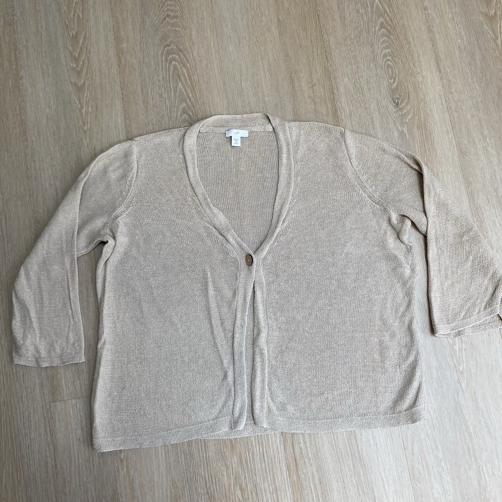 J. Jill Linen Blend Cardigan Sweater Single Button Open Knit Beige Medium Petite